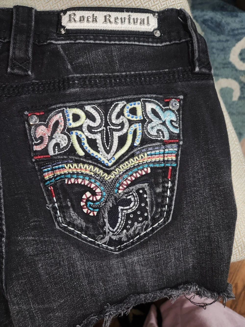 Rock Revival Black Denim Shorts with Multicolor Embroidered Pockets
